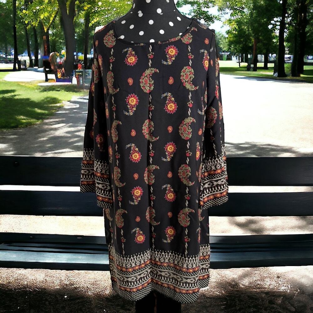 Gibiu Womens Dress Sz S Black Paisley Print Shift 3/4 Sleeve NEW - Picture 3 of 10